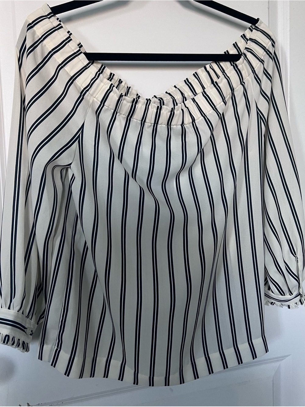 J. Crew White Off-Shoulder Blouse with Black Stripes and Navy Bow - Picture 5 of 5